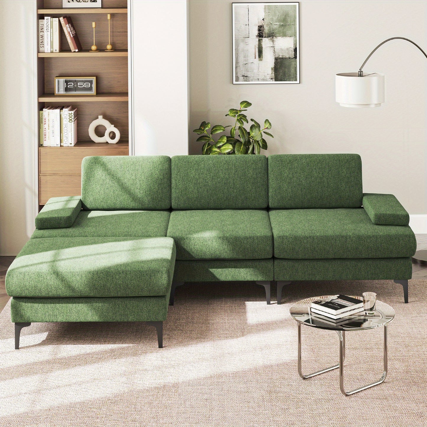 Hoekbank – 3-zitsbank – L-vormige bank – Sectional sofa – Loungeset – Verwijderbare opberghocker – Hardhouten frame – Makkelijk schoon te maken stof