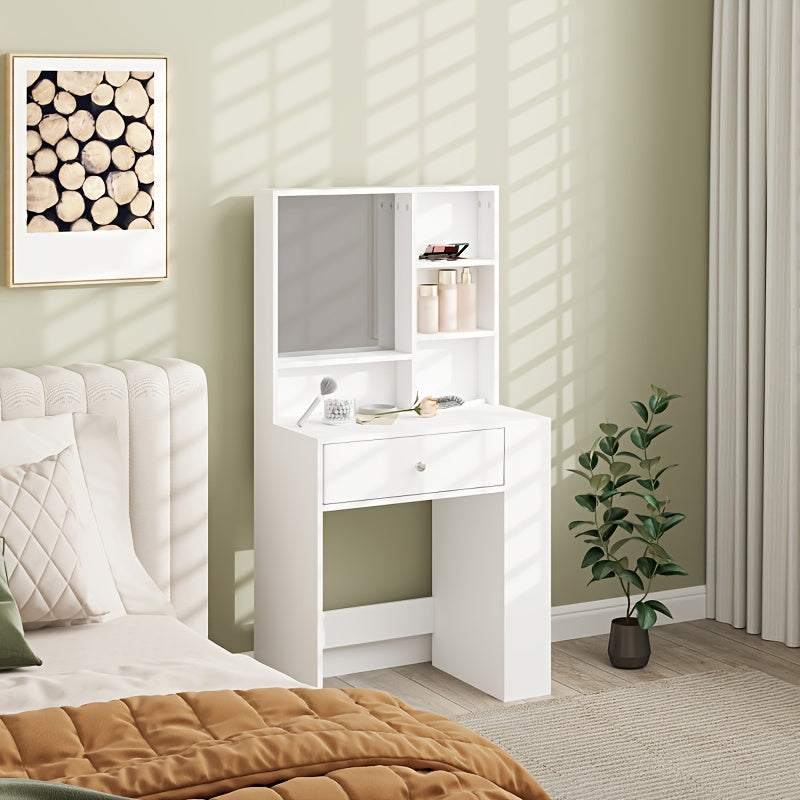 Moderne Kaptafel – Dressoir – Toiletmeubel – Make-uptafel – Vanity – Witte Bamboo Kaptafel – Compact Design – 3-zijdige Spiegel – Duurzaam Bamboe – 3,2 Kubieke Voet Opbergruimte