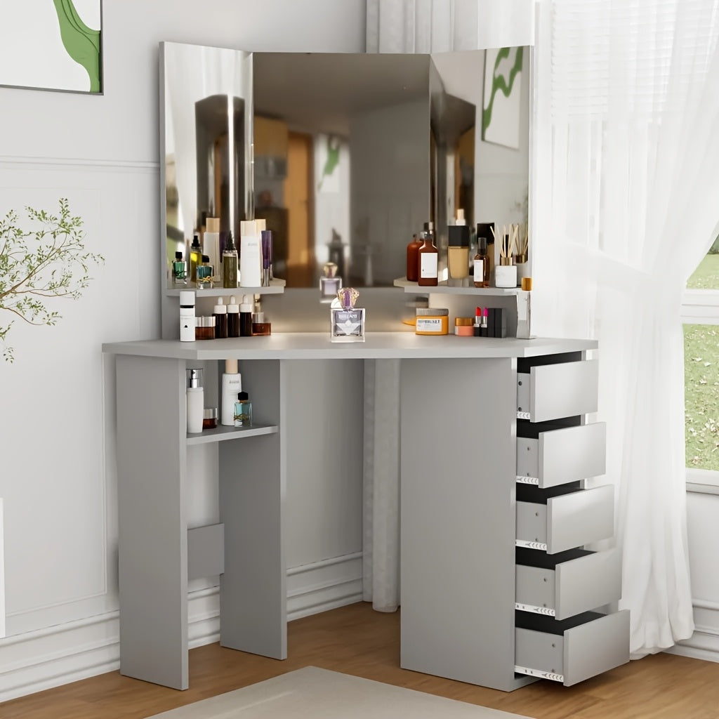 Hoekige Kaptafel – Make-up Tafel – Schminktafel – Dressing Table – Vanity Bureau – Grijs – 3-delige Spiegel – 5 Lades en 2 Open Vakken – Compact Modern Design – 112x50x142,5 cm