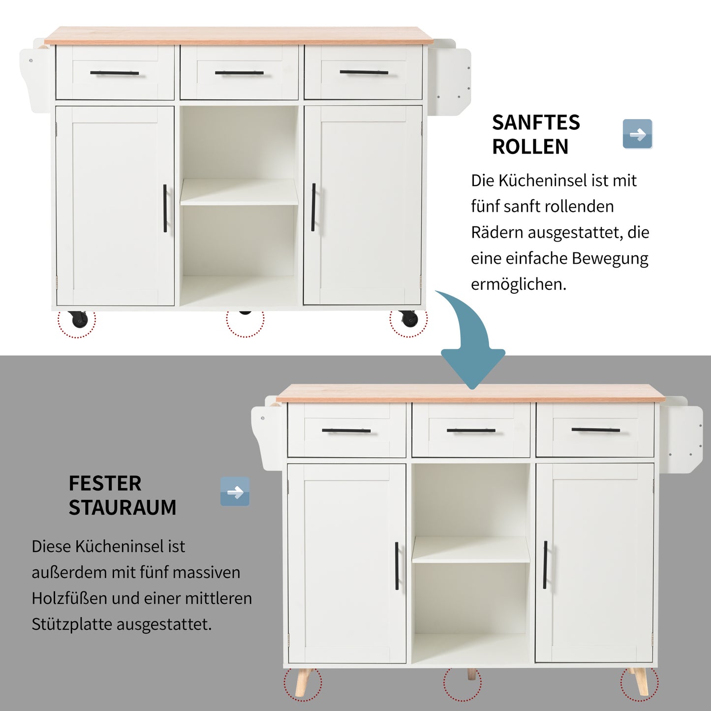 Keukentrolley – Keukenwagen – Serveertrolley – Werkbank – Opbergmeubel – Uitklapbaar Werkblad – Houtlook Afwerking – Met Laden en Verstelbare Planken – Mobiel of Vaste Poten – Wit