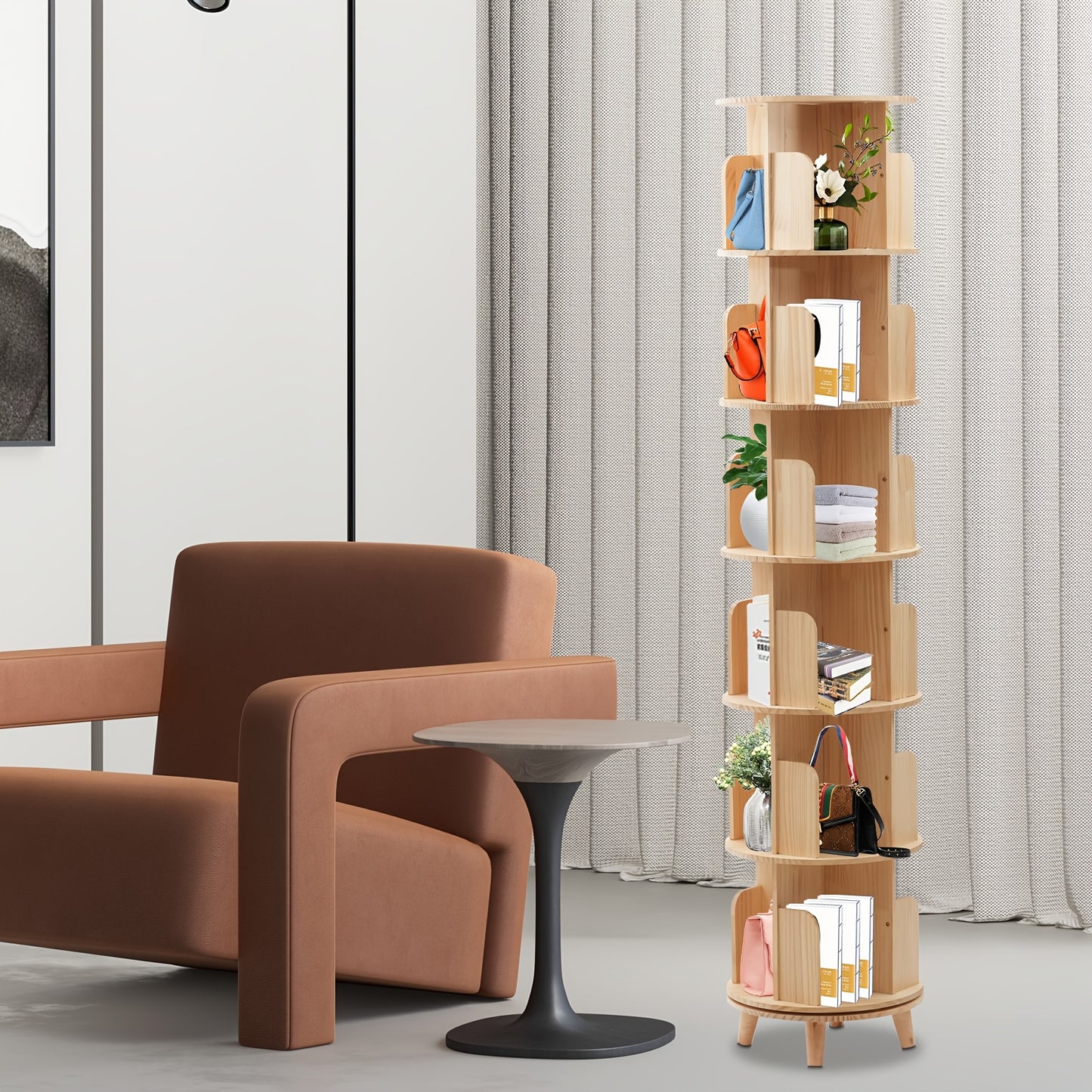 Draaibare Boekenplank – Boekenrek – Boekenkast – Boekenstander – Opbergkast – Grenenhout – 360 Graden Draaibaar – Stevige Metalen Basis