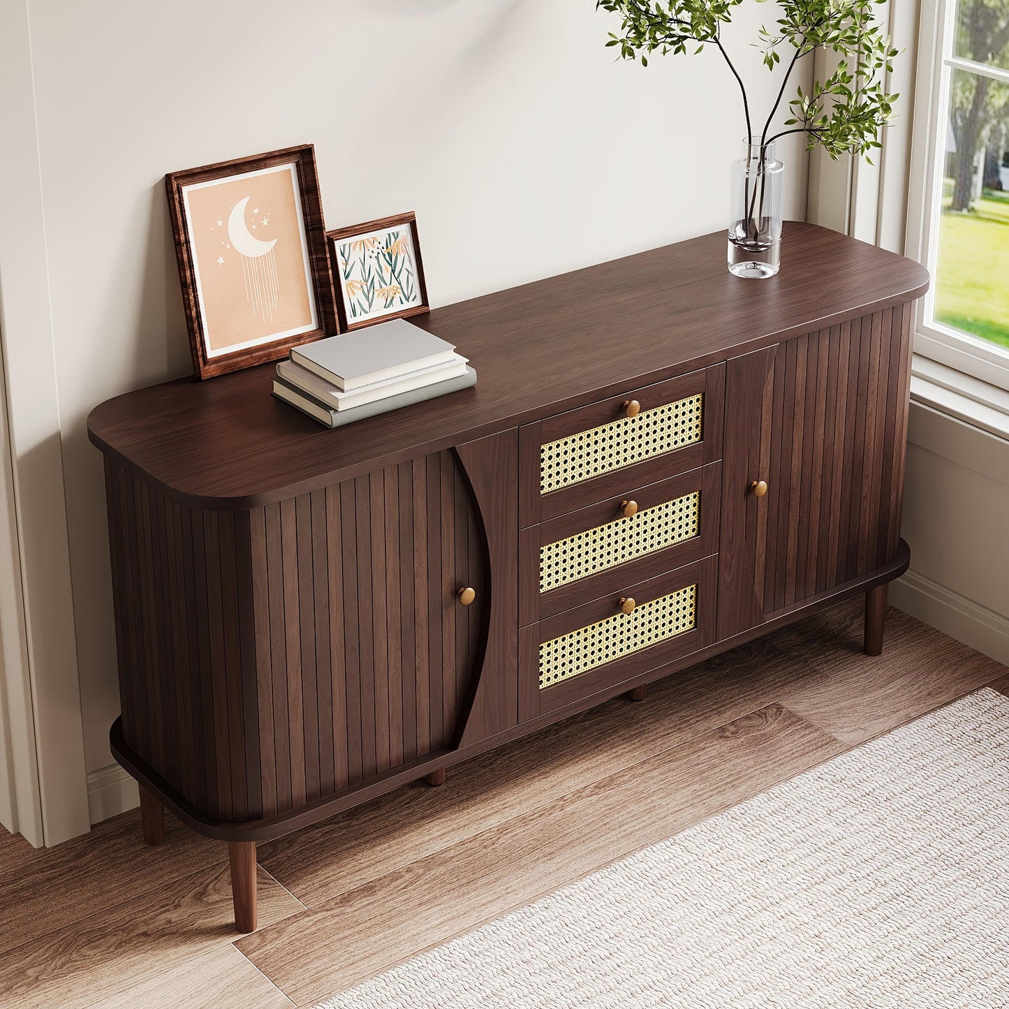 Dressoir – Sideboard – Opbergkast – Ladekast – Kast – Hardhout en Rotan – Schuifdeuren en Lades
