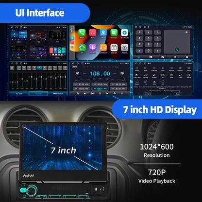 Multimedia Autoradio – Car Radio – Auto Stereo – 1 DIN Speler – Draadloze Autoradio – 7 Inch Kantelbaar IPS Touchscreen – Android 14 Met Wireless CarPlay & Android Auto