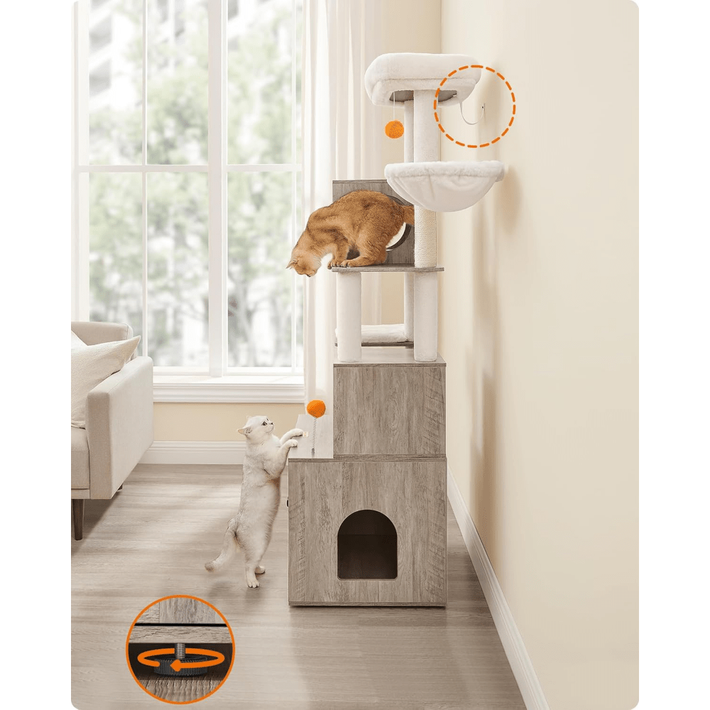 Krabpaal – Kattenboom – Krabmeubel – Krabton – Kattentoren – Met Verborgen Kattenbak – 185 cm Hoog – Wasbare Pluche Matten