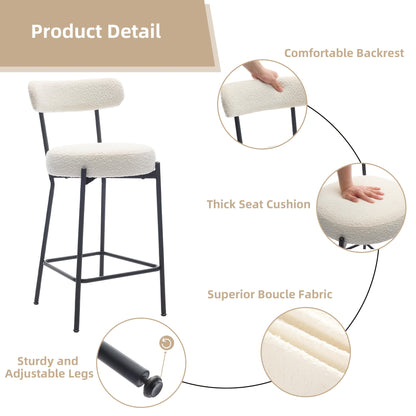 Set of 2 - Heavy-Duty Commercial/Residential Bar Stools with Backrest & Footrest, Modern Counter Height Chairs - No Assembly Needed, Sturdy Metal Legs & Boucle Upholstery - for Kitchen Island, Dining Room, Home Bar - Easy-Cle