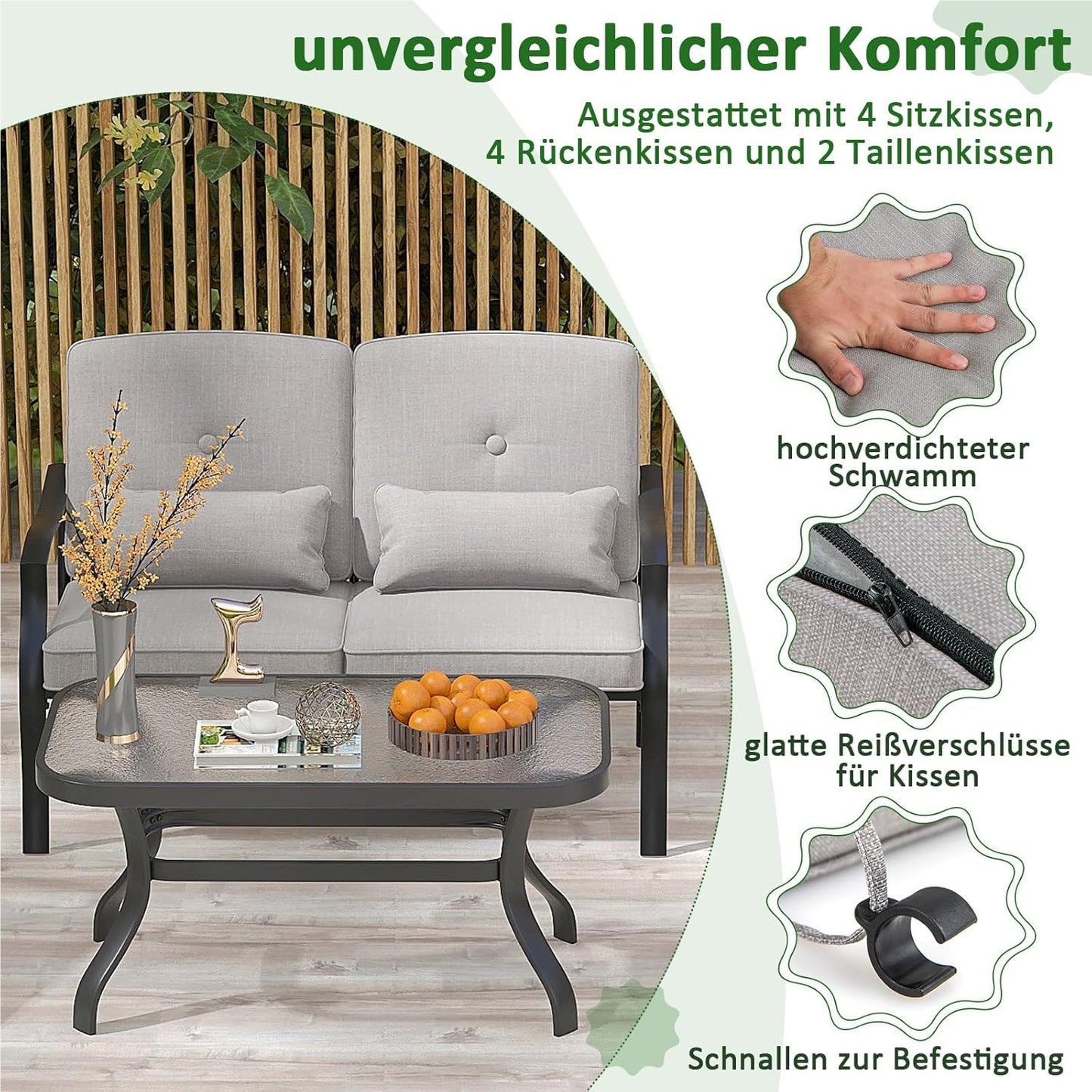 Tuinmeubelset – Loungeset – Tuinbank – Tuinstoelen – Salontafel – Zwart Metalen Frame – Comfortabele Grijze Kussens