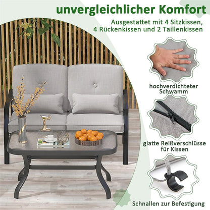 Tuinmeubelset – Loungeset – Tuinbank – Tuinstoelen – Salontafel – Zwart Metalen Frame – Comfortabele Grijze Kussens