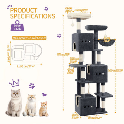 Kattenboom – Klimpaal – Krabpaal – Speelparadijs – Kattenmeubel – Donkergrijs – 193 cm Hoog – 7 Niveaus Met Sisal Krabpalen