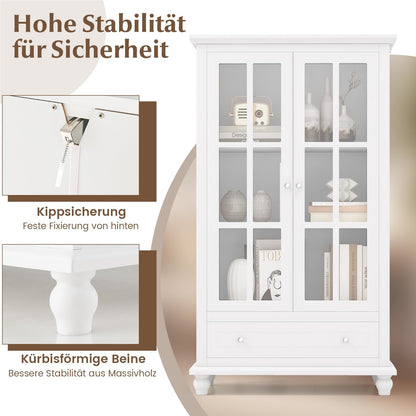 Boekenkast – Vakkenkast – Opbergkast – Wandkast – Dressoir – Met Geharde Glazen Deuren – Verstelbare Plank en Lade – Wit – 80x40x139 cm