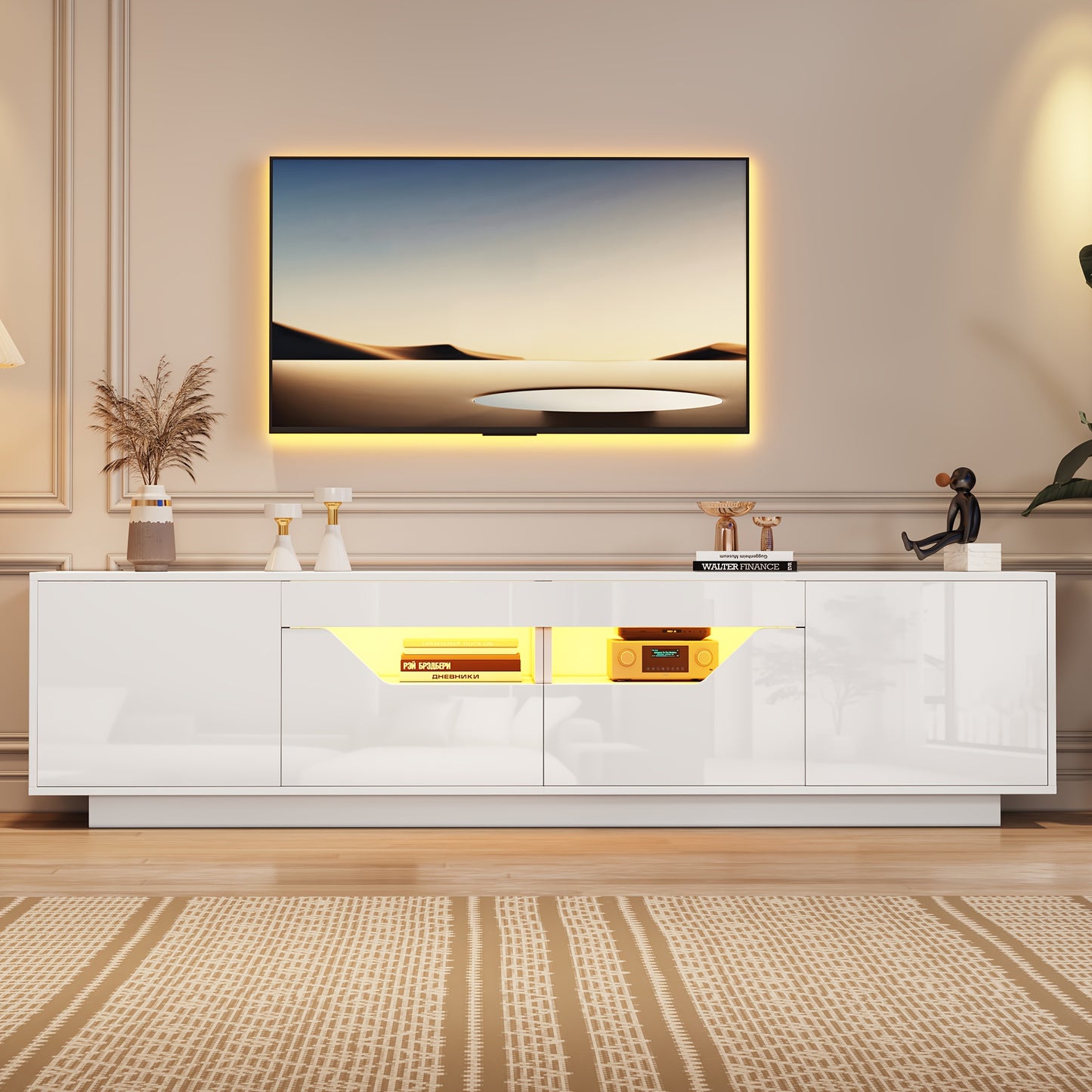Modern White Freestanding TV Stand with 2 Drawers & 2 Cabinets, TV Board & Storage Shelf - Heavy-Duty Metal Construction, Minimalist Media Console for 75-Inch TVs, Space-Saving Low-Profile Design, Compatible with Large TVs up