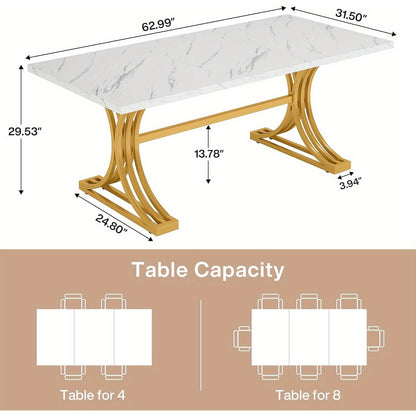 Eettafel – Tafel – Keukentafel – Dinertafel – Eetkamertafel – Rechthoekig – Wit met Gouden Accenten – Met Metalen Trestle Poten – 63 Inch voor 4-6 Personen