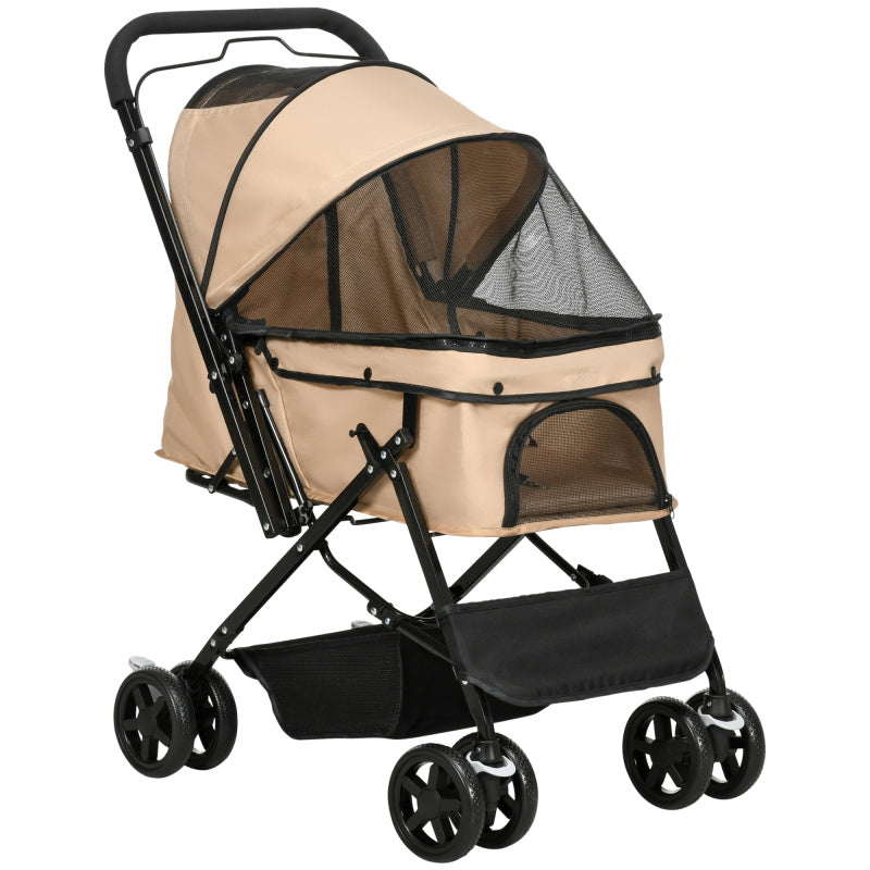 Hondenwagen – Hondenbuggy – Hondenkar – Pet Stroller – Wandelwagen – Inklapbaar – 360° Draaibaar Voorwiel – Ventilatienetten – Lichtbruin – Tot 15 kg