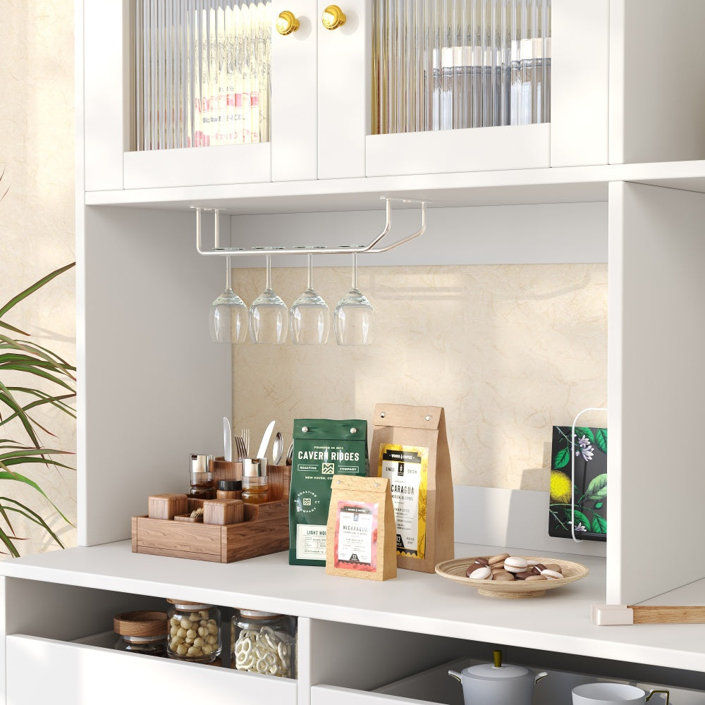 Modern White & Golden Tall Dining Cabinet with Glass Doors & Wine Rack - Multi-Tier Storage Floor-Standing Kitchen Organizer, 57" Height (145cm), 15.35" Depth (39cm), 66.93" Width (171cm), 3.2+ Cubic Feet Capacity, Metal Cons