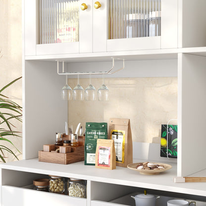 Modern White & Golden Tall Dining Cabinet with Glass Doors & Wine Rack - Multi-Tier Storage Floor-Standing Kitchen Organizer, 57" Height (145cm), 15.35" Depth (39cm), 66.93" Width (171cm), 3.2+ Cubic Feet Capacity, Metal Cons
