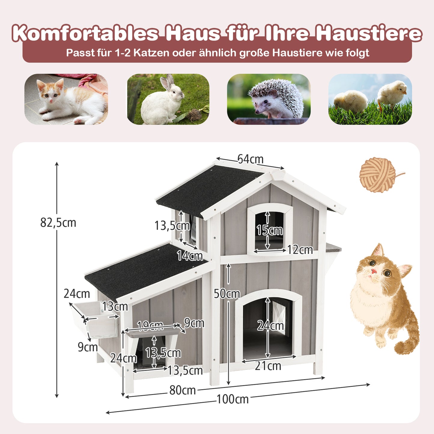 Kattenhuis – Kattenmand – Kattenhol – Kattenbed – Dierenhuis – Houten Kattenhuis Met Raam – Weerbestendig Bitumen Dak – 2 Springplatforms – 100x64x82,5 cm