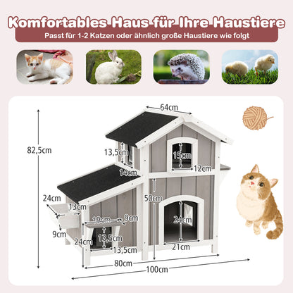 Kattenhuis – Kattenmand – Kattenhol – Kattenbed – Dierenhuis – Houten Kattenhuis Met Raam – Weerbestendig Bitumen Dak – 2 Springplatforms – 100x64x82,5 cm