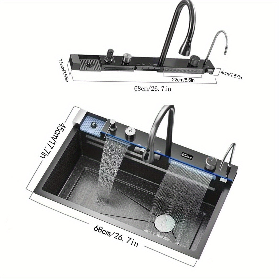 Keukenspoelbak – Spoelbak – Gootsteen – Wasbak – Enkele Kom – Grote Afmeting 68x45x22 cm – RVS Met Nano Coating – Onderbouw Met Rechts Afvoer – Gunmetal Grijs Met Watervalkraan