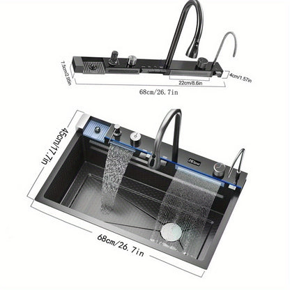Keukenspoelbak – Spoelbak – Gootsteen – Wasbak – Enkele Kom – Grote Afmeting 68x45x22 cm – RVS Met Nano Coating – Onderbouw Met Rechts Afvoer – Gunmetal Grijs Met Watervalkraan