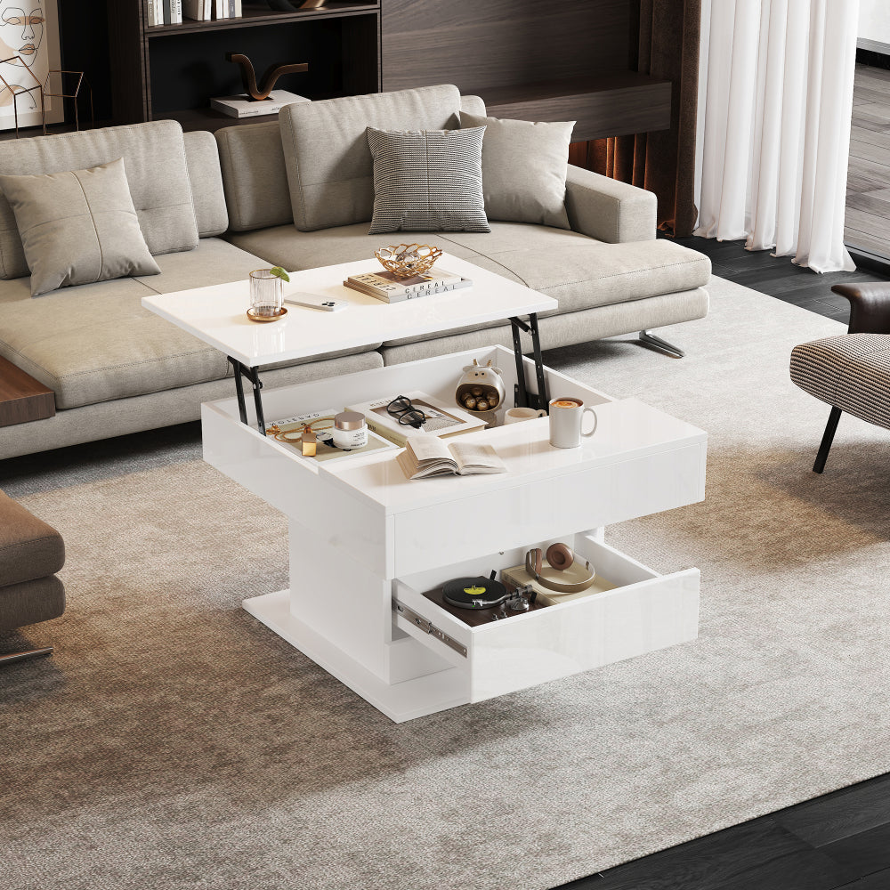 70*70*45cm Geometric Coffee Table | 360° Rotating Top, Height-Adjustable with 1 Drawer, High-Gloss, Concealed Storage, Modern Style, White, Metal Material