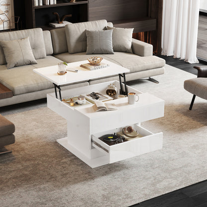 70*70*45cm Geometric Coffee Table | 360° Rotating Top, Height-Adjustable with 1 Drawer, High-Gloss, Concealed Storage, Modern Style, White, Metal Material