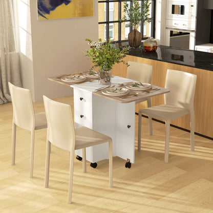 Opvouwbare Keuken- en Eettafel – Uitklapbare Tafel – Inklapbare Tafel – Verrijdbare Tafel – Ruimtebesparende Tafel – Wit – 2 Lades & Kast – Compact en Mobiel