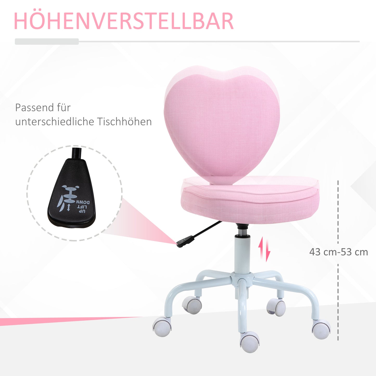 Draaistoel – Bureaustoel – Bureaukruk – Werkstoel – Kinderstoel – Hartvormig Design – Verstelbare Hoogte 79-89 cm – Linnenlook Stoffering – Roze Kleur