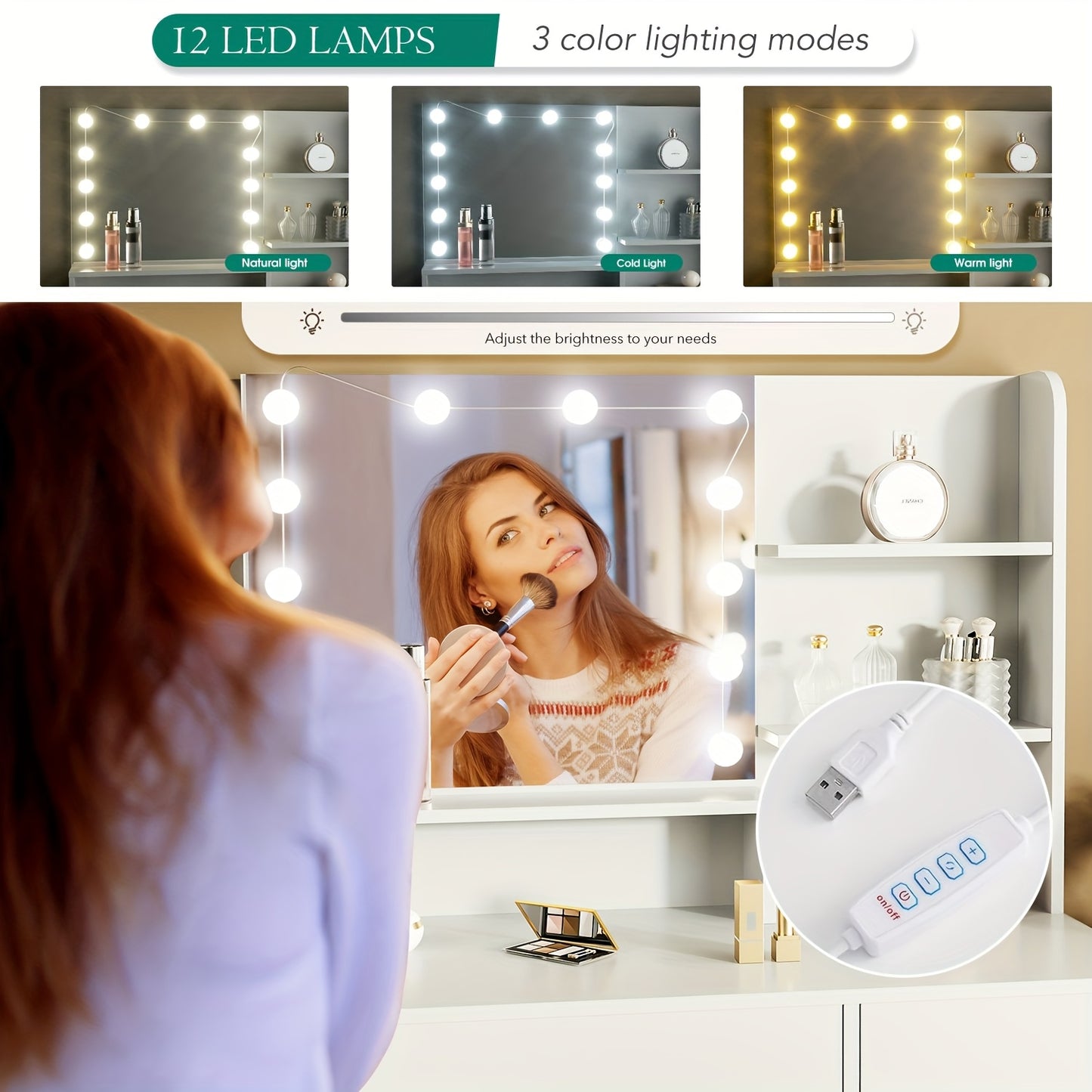 Kaptafel met Spiegel en Kruk – Wit – Make-up Tafel met Laden, Open Planken en 12 LED-Lampen, Instelbare Helderheid – Modern voor Slaapkamer