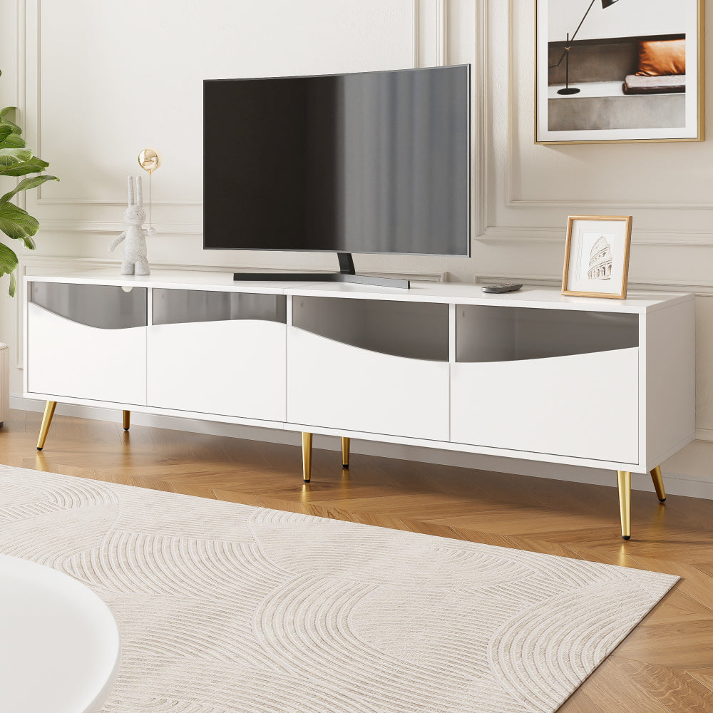 Tv-Meubel – Tv-Kast – Tv-Dressoir – Media-Meubel – Televisiekast – Mat Wit – Gouden Metalen Onderstel – Glazen Deuren – 180x40x50 CM – Kabelmanagement – Stevig & Ruim
