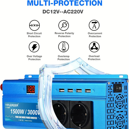 Zuivere Sinusomvormer 12V naar 230V – Power Inverter – Spanningsomvormer – Stroomomvormer – Camping Stroomvoorziening – 300W Continu, 600W Piekvermogen – 2 EU Stopcontacten & 4 USB Poorten – Actieve Koeling – Blauw