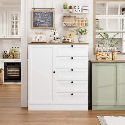 Kealive Sideboard, Kitchen Cabinet | White Buffet Cupboard with 5 Drawers, 85.5x40x97cm, Modern Style, Floor Mount, Suitable for Kitchen, Hallway, Living Room, Dining Room