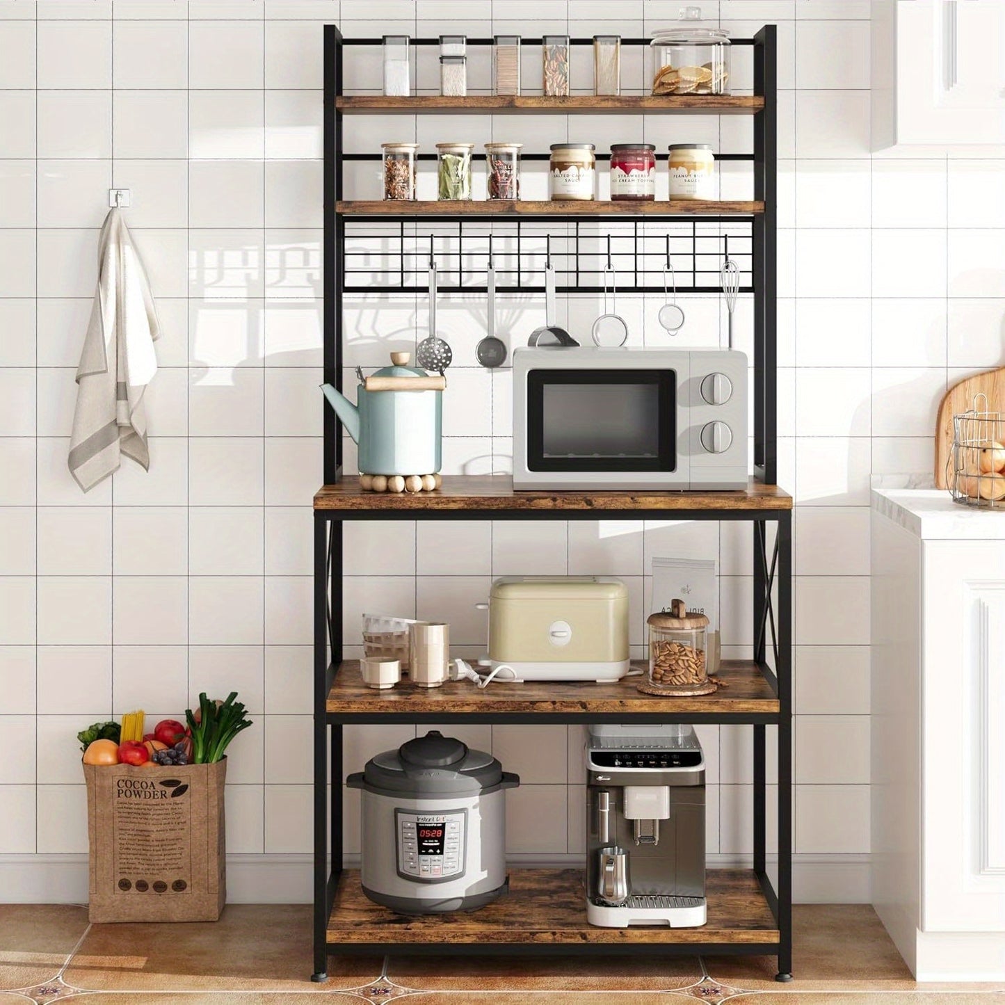 Keukeneiland – Keukenkast – Keukentrolley – Kookeiland – Servicewagen – Industrieel Design – 5 Niveaus Met 6 Haken – Robuust Met MDF En Metaal - Vintage Bruin