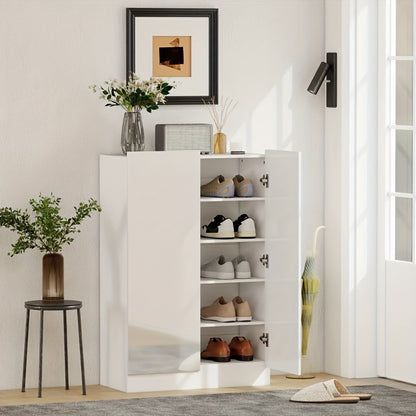 5-Tier Shoe Rack Cabinet with Shoe Bench - Narrow Entryway Shoe Organizer, Space-Saving Shoe Storage Cabinet, Sturdy Hardwood Construction