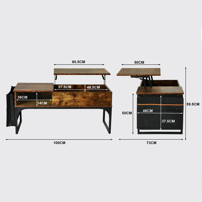 Retro Salontafel – Bijzettafel – Koffietafel – Werktafel – Multifunctionele Tafel – Bruin – Verstelbaar Werkblad – 2 Verborgen Opbergvakken