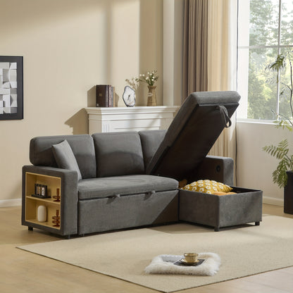 Slaapbank – Bedbank – Logeerbed – Zitzetel – Fauteuil – L-vormig – Opvouwbaar – Licht Beige – Inclusief Opbergruimte – Linnen Stof