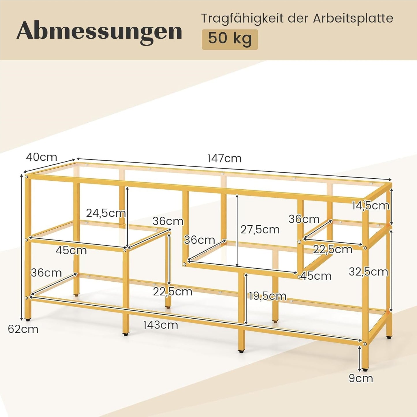 TV-meubel – TV-kast – Televisiemeubel – TV-standaard – Tv-dressoir – Met Gehard Glas – Stevige Metalen Constructie – Geschikt Voor TV’s Tot 65 Inch – Gouden Kleur – 147x40x62 cm