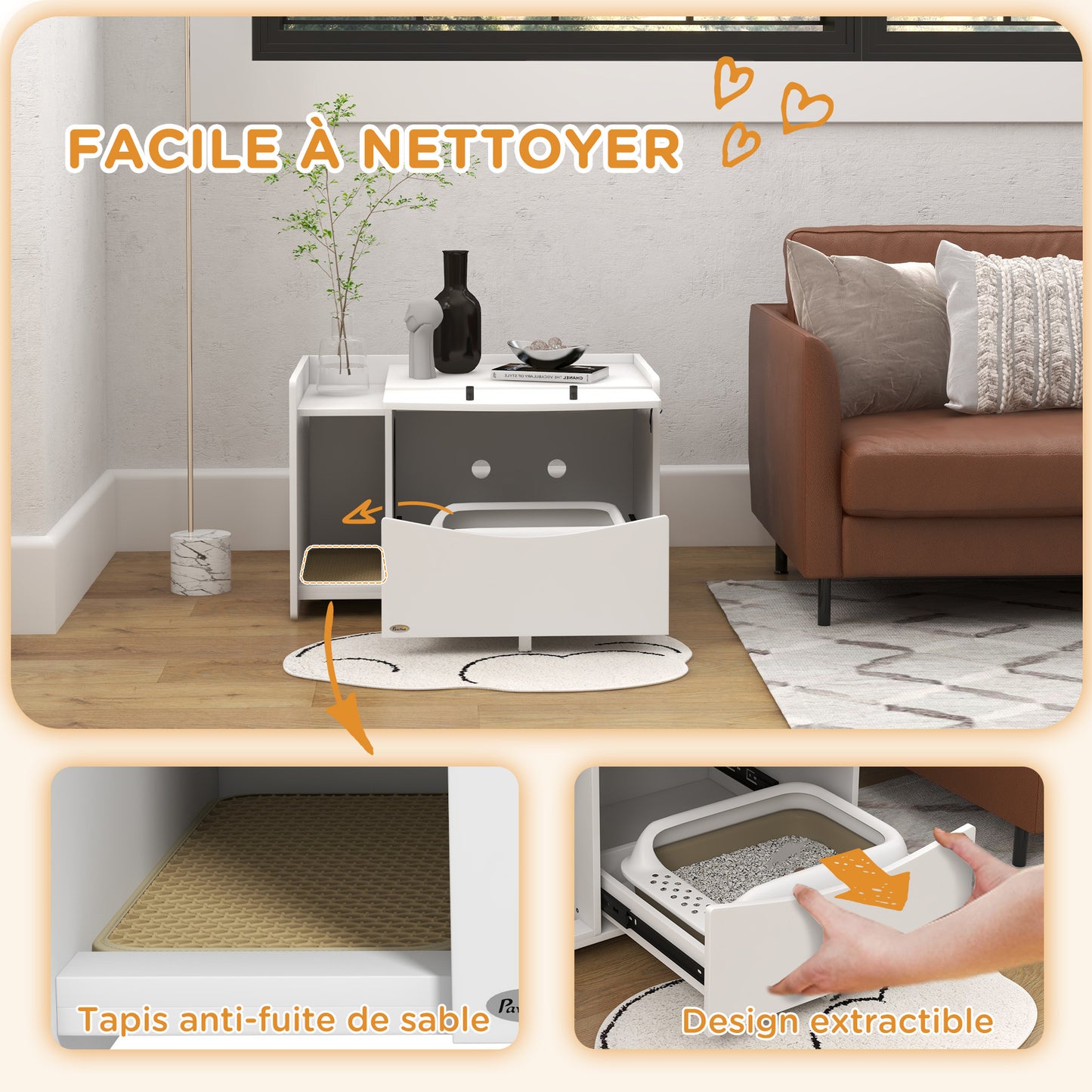 Kattenbak Meubel – Kattenbak Huis – Kattenbak Verbergen – Kattenbak Kast – Kattenbak Bijzettafel – Met Schuiflade – 2 Ventilatiegaten – Wit Fiberboard – Met Zandvangmat – Geschikt Tot 5 Kg Katten