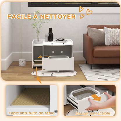 Kattenbak Meubel – Kattenbak Huis – Kattenbak Verbergen – Kattenbak Kast – Kattenbak Bijzettafel – Met Schuiflade – 2 Ventilatiegaten – Wit Fiberboard – Met Zandvangmat – Geschikt Tot 5 Kg Katten