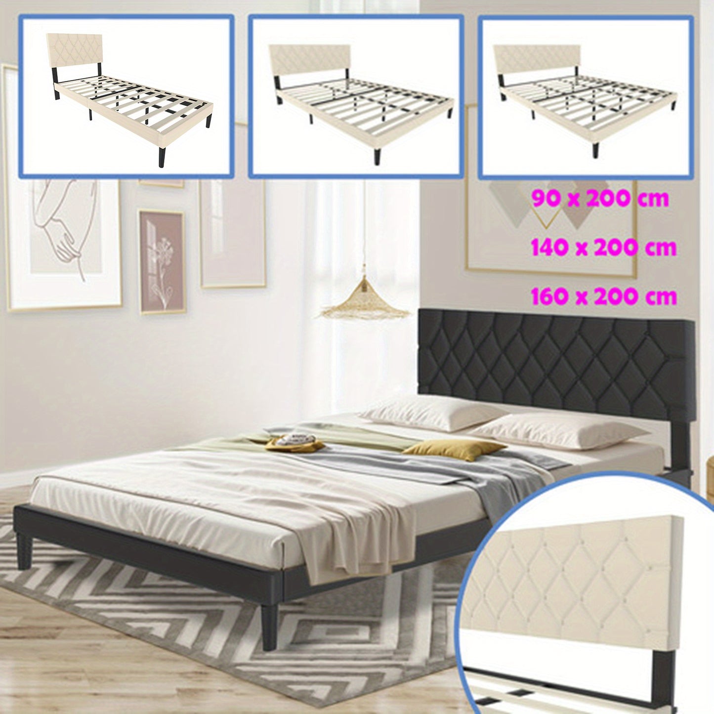 Bedframe – Bed – Bedframe Met Opbergruimte – Gestoffeerd Bed – Tweepersoonsbed – Beige Kunstleren Bekleding – Stevig MDF Metalen Frame – 160x200 cm
