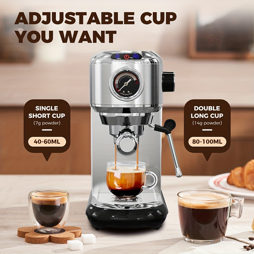 1 Unit CAFELFFEMK-601 Espresso Machine with Milk Frother, 20bar Extraction, Visible Pressure Gauge, Stainless Steel Body, Removable Drip Tray, 1.1L Water Capacity, Coffee Shop Gift Suitable for Lovers/father/mother, Office Eq