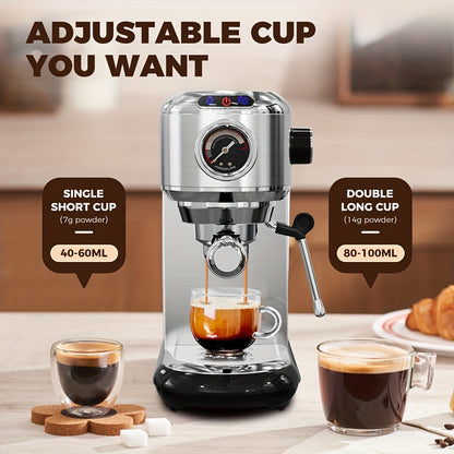 1 Unit CAFELFFEMK-601 Espresso Machine with Milk Frother, 20bar Extraction, Visible Pressure Gauge, Stainless Steel Body, Removable Drip Tray, 1.1L Water Capacity, Coffee Shop Gift Suitable for Lovers/father/mother, Office Eq