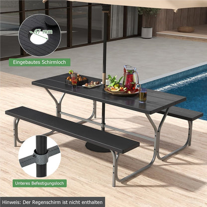 Bier Tent Set – Bierbank Set – Picknicktafel – Feesttafel – Tuinset – Weerbestendig HDPE Blad – Inclusief Parasolgat – Zwart – Geschikt Voor 6-8 Personen – Robuust Metalen Frame