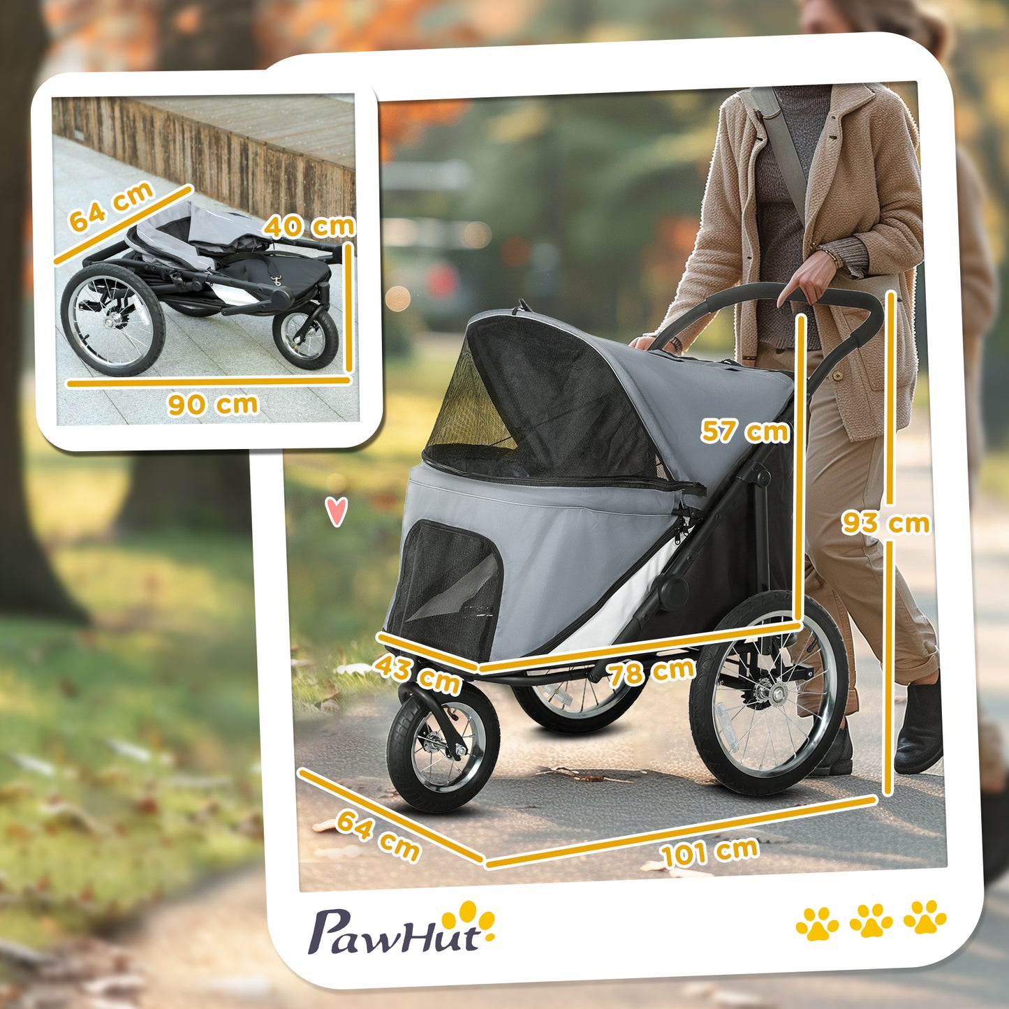 Hondenbuggy – Hondenwagen – Huisdierenwagen – Wandelwagen – Buggy – Opvouwbaar – Rubber Wielen – Tot 40 Kg – Grijs