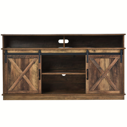 Large Rustic Modern TV Stand/Dining Cabinet/Entertainment Center with Sliding Doors & Adjustable Shelves - Heavy-Duty Metal Frame, Brown Tone Storage Unit, Space-Saving Design for Living Room, Dining Room (148x40x78cm) - Easy