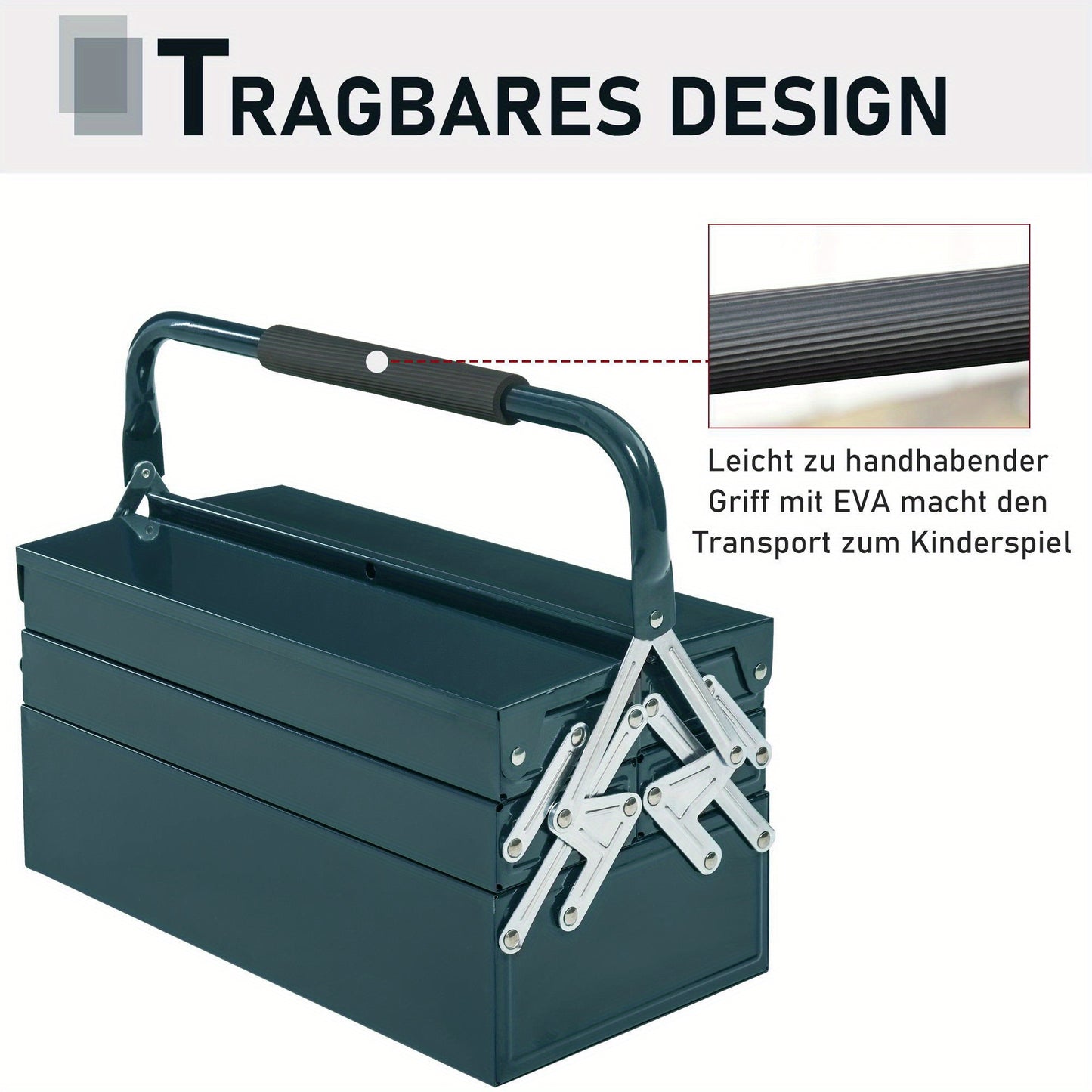 Gereedschapskist – Gereedschapsbox – Opbergkist – Gereedschapsdoos – Opbergbak – Donkergroen Staal – 5 Vakjes Inklapbaar – 45x22,5x34,5 cm Compact & Robuust