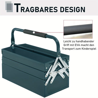 Gereedschapskist – Gereedschapsbox – Opbergkist – Gereedschapsdoos – Opbergbak – Donkergroen Staal – 5 Vakjes Inklapbaar – 45x22,5x34,5 cm Compact & Robuust
