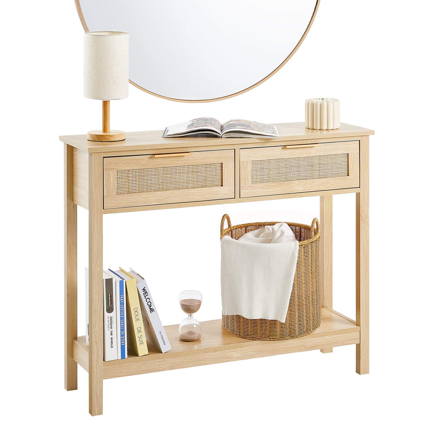 Rattan Sidetable – Bijzettafel – Console Tafel – Opbergmeubel – Haltafel – Natuurlijk Rattan – 2 Lades – Warme Eikenhoutkleur