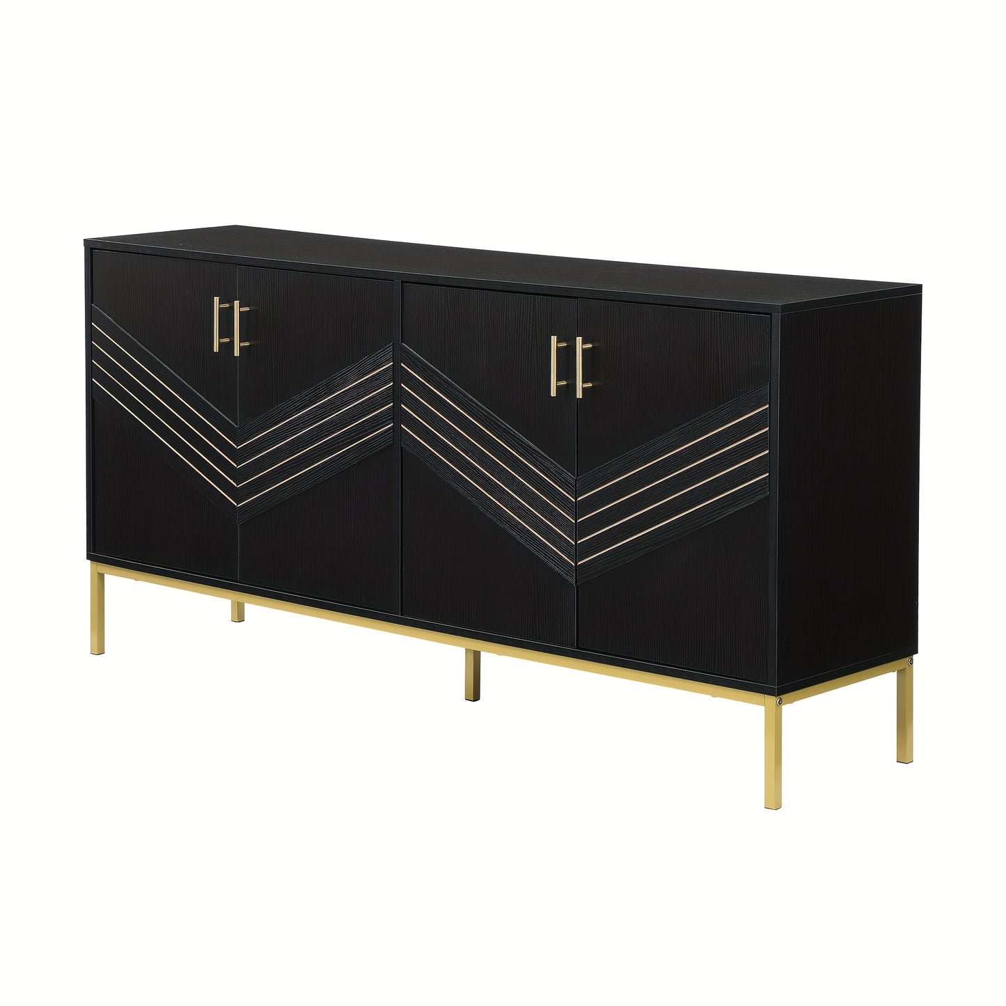 Dressoir – Sideboard – Buffetkast – Opbergkast – Kast – Modern Zwart & Goud – MDF Metalen Poten – 4 Deuren Met Verstelbare Legplanken