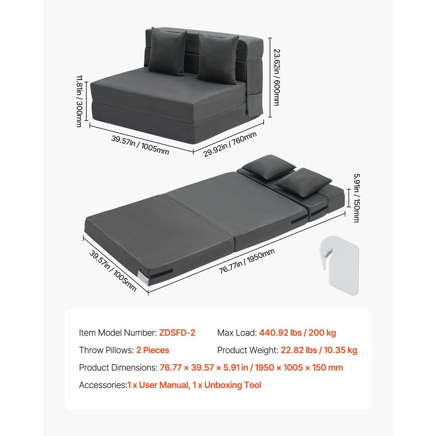 Slaapbank – Bankbed – Klapbed – Opklapbed – Zitbank – Donkergrijs – 3-in-1 Ontwerp – Hoogwaardig Schuim