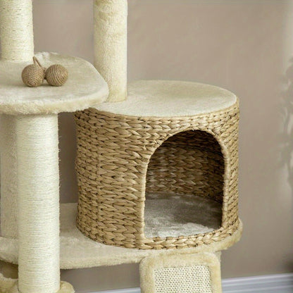 Scratch tree, with cat house, multiple platforms, hammock, scratching mat, tipping protection, beige, 60 x 60 x 150cm, Pet Scratching Post, Indoor Cat Tree, Multilevel Platforms, Cozy Cat House, Scratchresistant Material, Hig