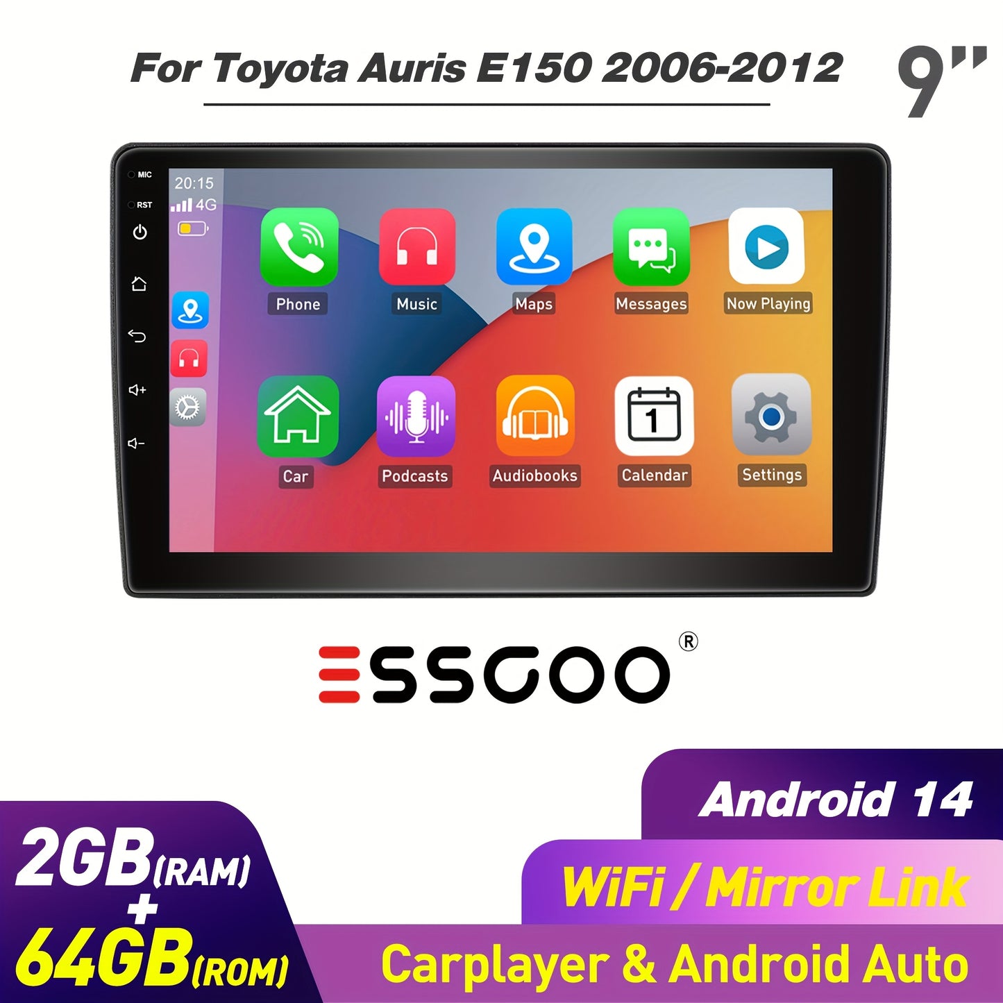 Multimedia Car Radio Toyota Auris E150 – 2-DIN Autoradio – Android Car Stereo – Touchscreen Speler – 9 Inch IPS Display – Draadloze Connectiviteit – Handsfree Bellen – Incl. Camera & Microfoon